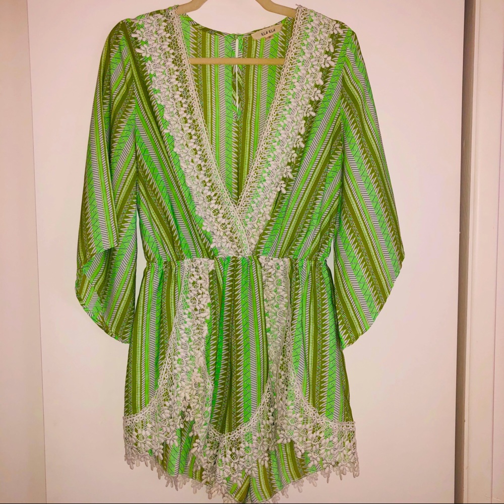 Boho Green & White Stripped Romper